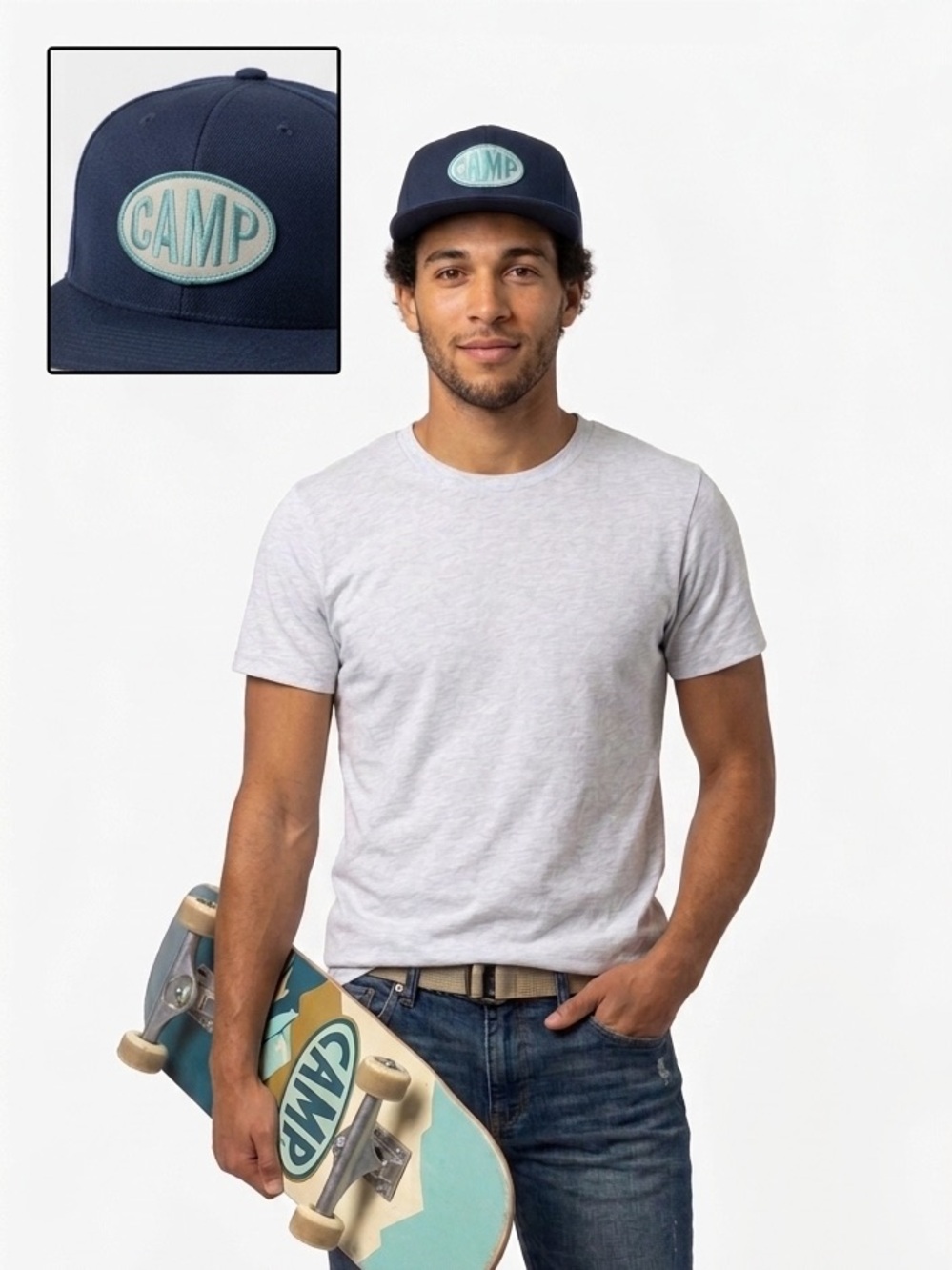 Camp Brand Goods Navy Blue Snapback Hat Aqua Patch NWOT